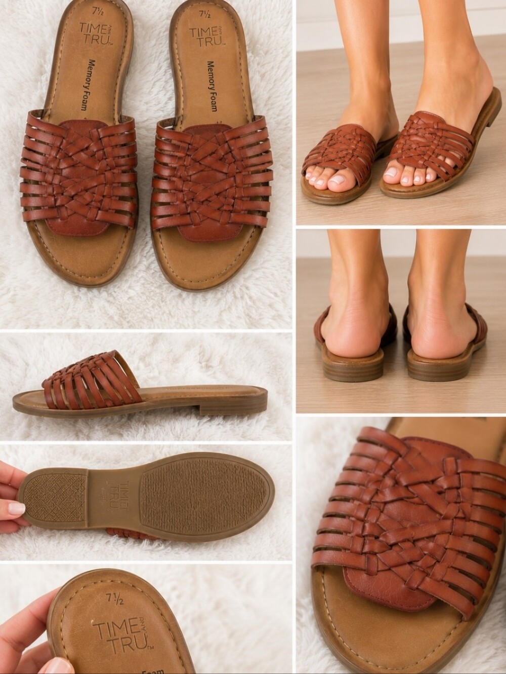 Time and Tru Woven Huarache Slide Sandals Cognac Brown Memory Foam Size 7.5